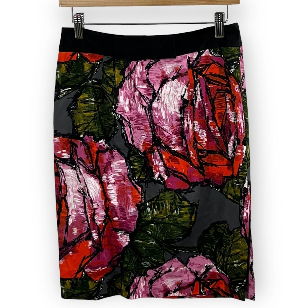TRINA Turk Pencil Skirt Womens Size 2 Silk Cotton Blend Floral Watercolor Print